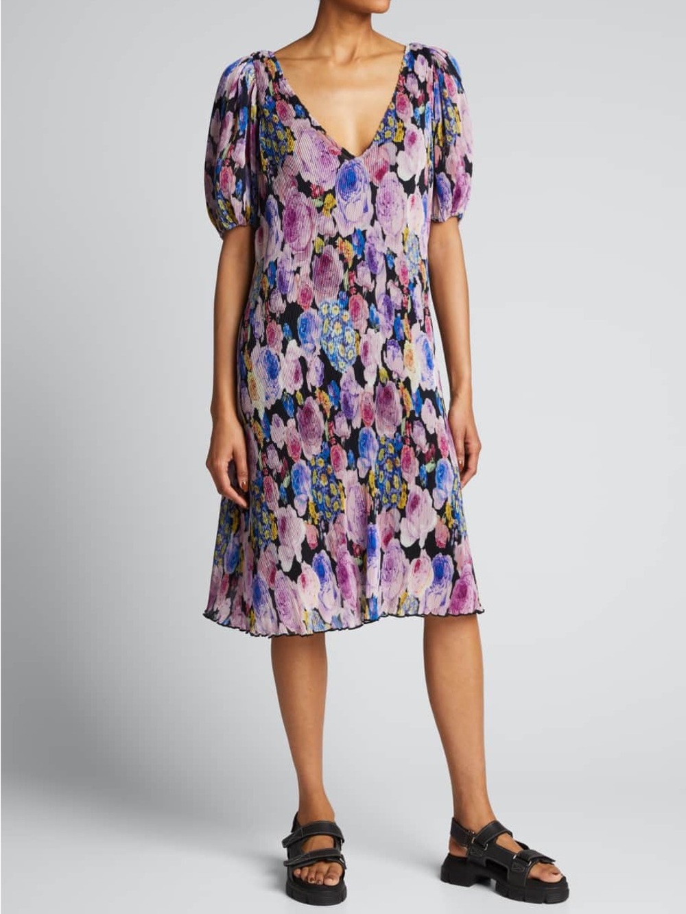 Ganni Black Floral Midi Dress with Pink and Blue Roses